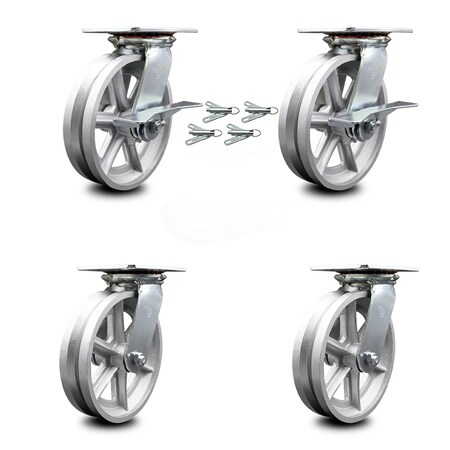 Service Caster 8 Inch V Groove Semi Steel Caster Set with Roller Bearing 4 Swivel Lock 2 Brake SCC-35S820-VGR-SLB-BSL-2-BSL-2